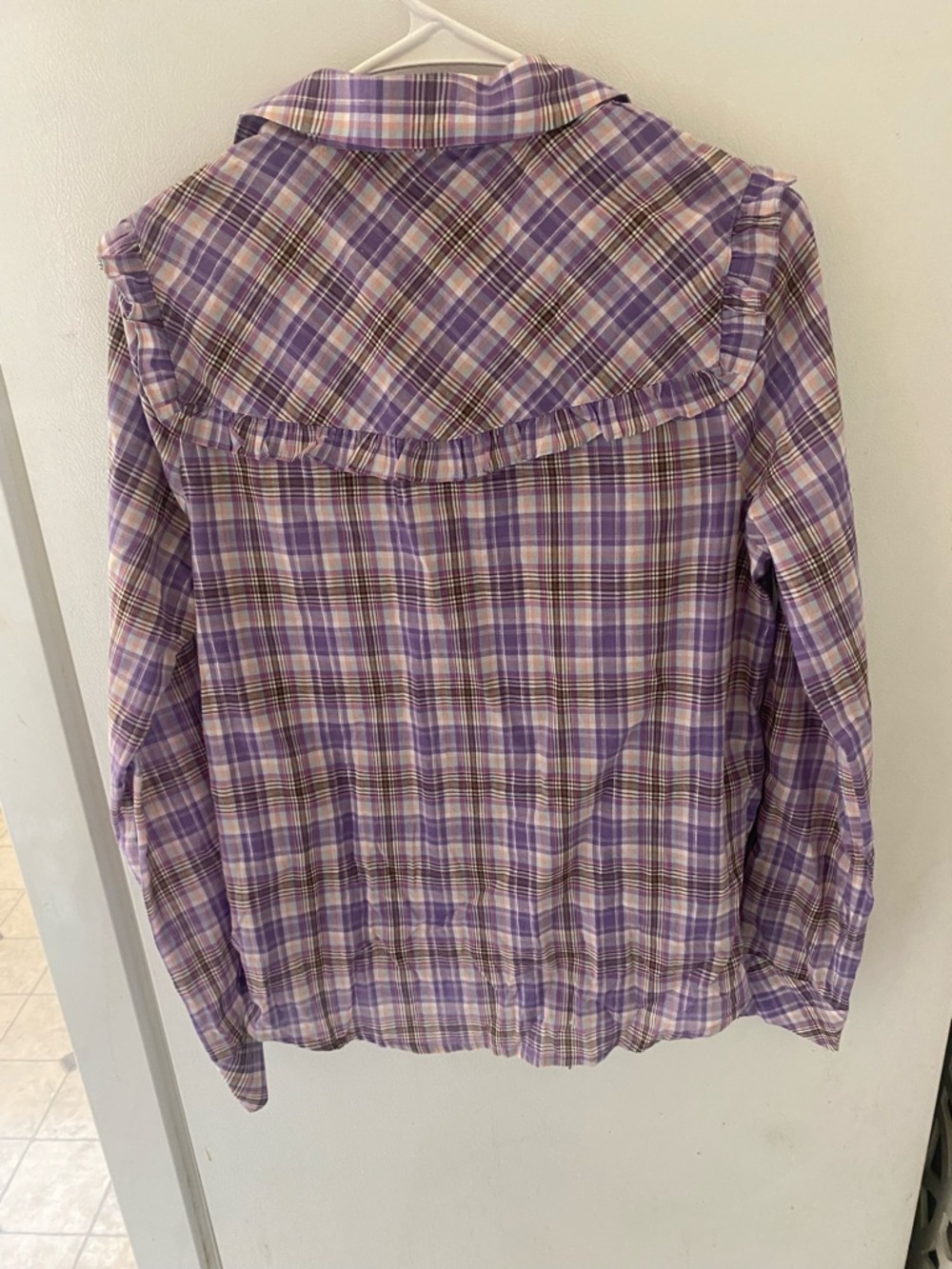 ModCloth Purple Plaid Ruffle Collar Button-Up Top - Picture 2 of 6